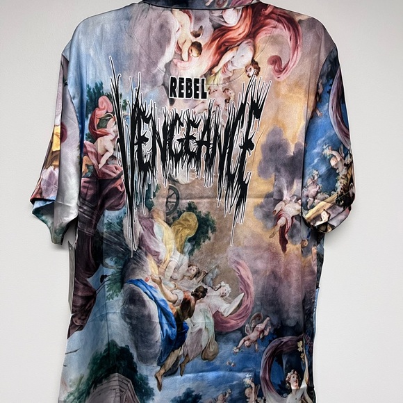 REBEL VENGEANCE Shirt Mens XL Wearable Art ITALIAN Boticelli Print Satin - Picture 5 of 6
